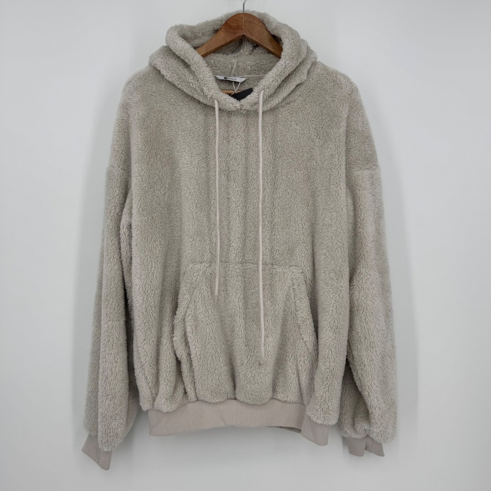 Runcati Mens Fuzzy Fleece Hoodie Light Grey Pullover Teddy Sweatshirt Sz Small